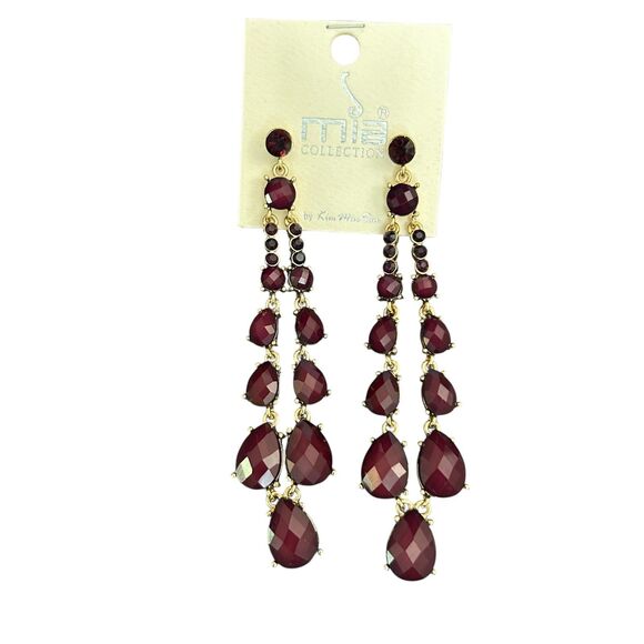 2 Mia Collection Earrings Burgandy White Gold Colors Stud Dangle Drop Long NEW - Picture 3 of 9